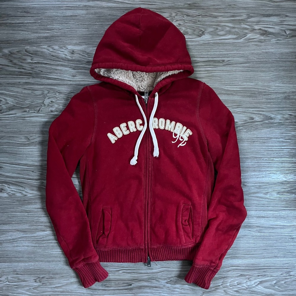 Vintage Y2K Abercrombie & Fitch Red Sherpa Lined Full Zip Hoodie Women Large